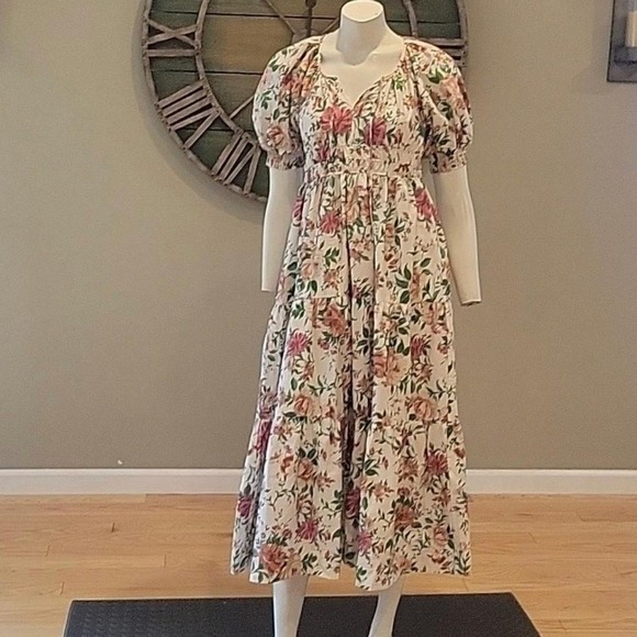 Anthropologie Somerset Maxi Dress M Pink Floral Smocked Puff Cottagecore Boho - Picture 3 of 9